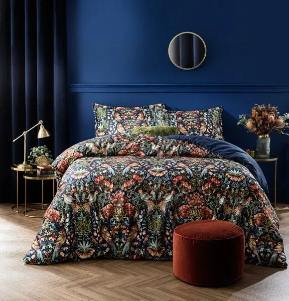 Bird Print Duvet Cover Set - Navy, Velour