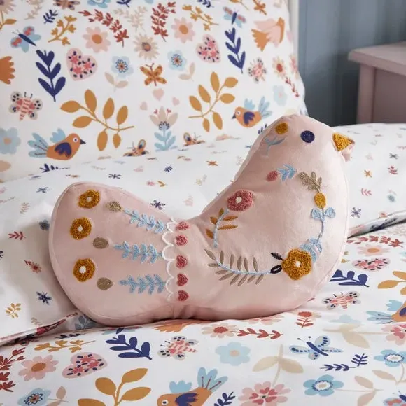 Bird Shaped Cushion Folk Floral - Blush