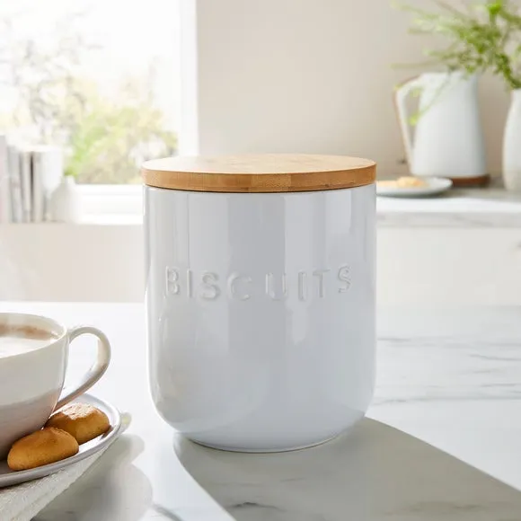 Biscuit Canister with Bamboo Lid - White, Ceramic image