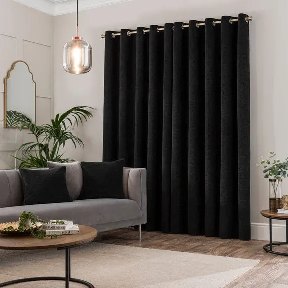 Blackout Eyelet Curtains - Black, Chenille