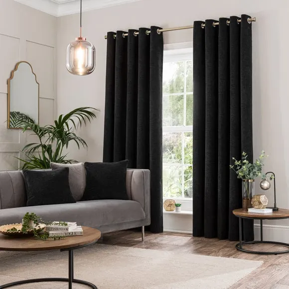 Blackout Eyelet Curtains - Black, Chenille