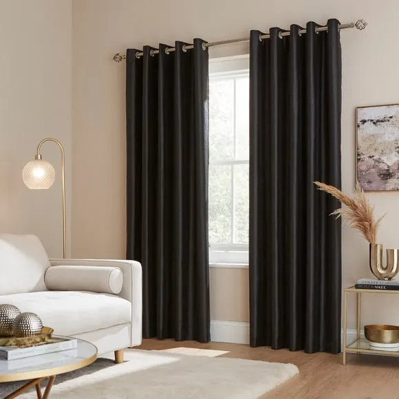 Blackout Eyelet Curtains - Black, Faux Silk