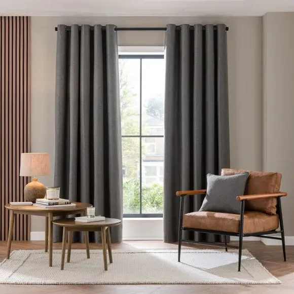 Blackout Eyelet Curtains - Charcoal, Brushed Fabric