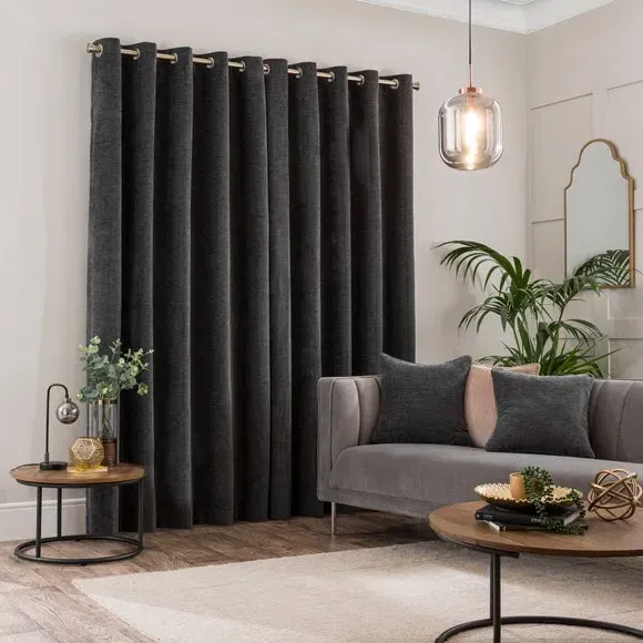 Blackout Eyelet Curtains - Charcoal, Chenille