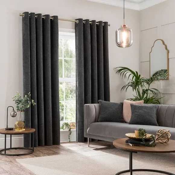 Blackout Eyelet Curtains - Charcoal, Chenille