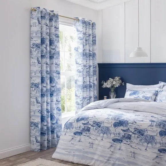 Blackout Eyelet Curtains Chinoiserie - Blue