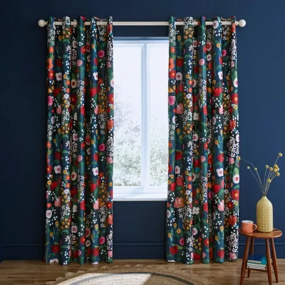 Blackout Eyelet Curtains Floral - Navy, Polyester