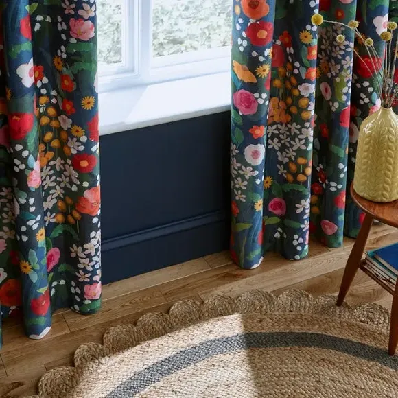 Blackout Eyelet Curtains Floral - Navy, Polyester