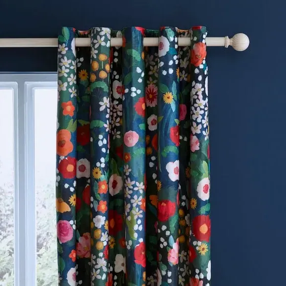 Blackout Eyelet Curtains Floral - Navy, Polyester