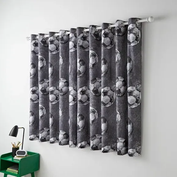 Blackout Eyelet Curtains Football Print - Grey