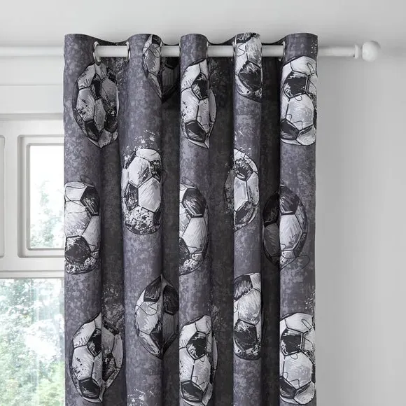 Blackout Eyelet Curtains Football Print - Grey