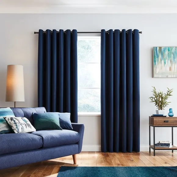Blackout Eyelet Curtains - Navy, Polyester