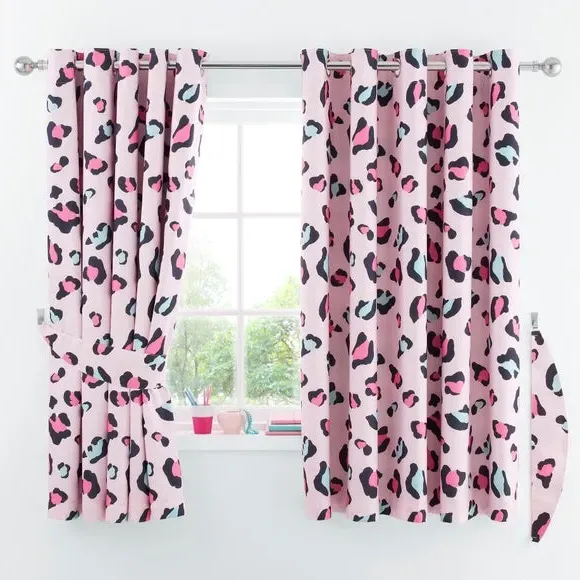 Blackout Eyelet Curtains - Pink, Leopard Print