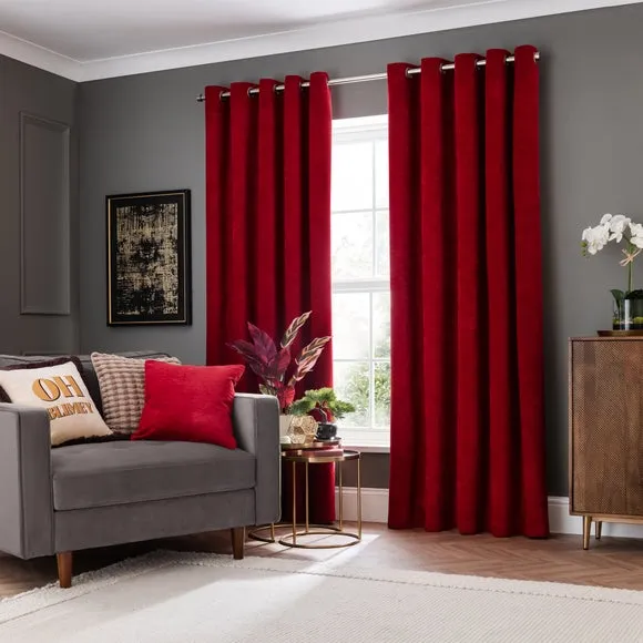 Blackout Eyelet Curtains - Red, Polyester