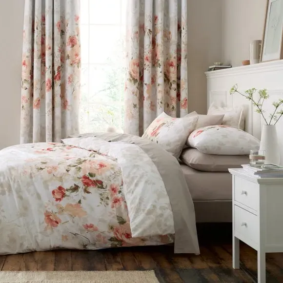 Blackout Eyelet Curtains Rose Print - Coral, Cotton