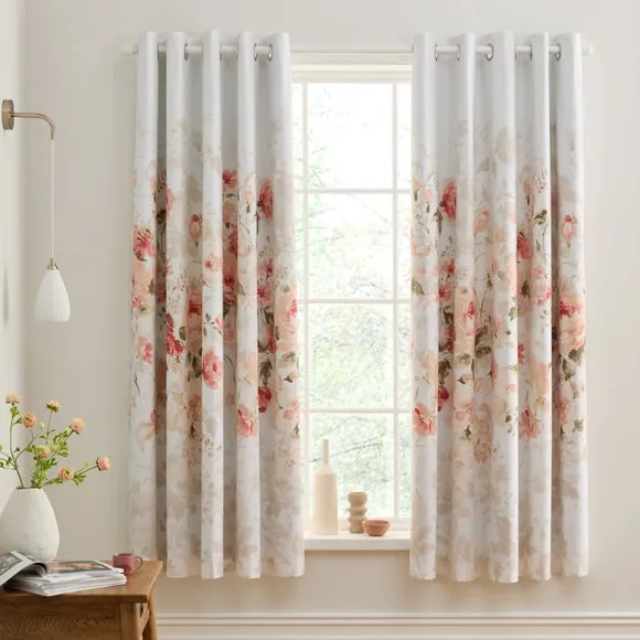 Blackout Eyelet Curtains Rose Print - Coral, Cotton