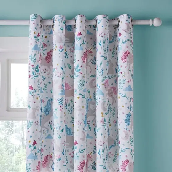 Blackout Eyelet Curtains Unicorn Print - White