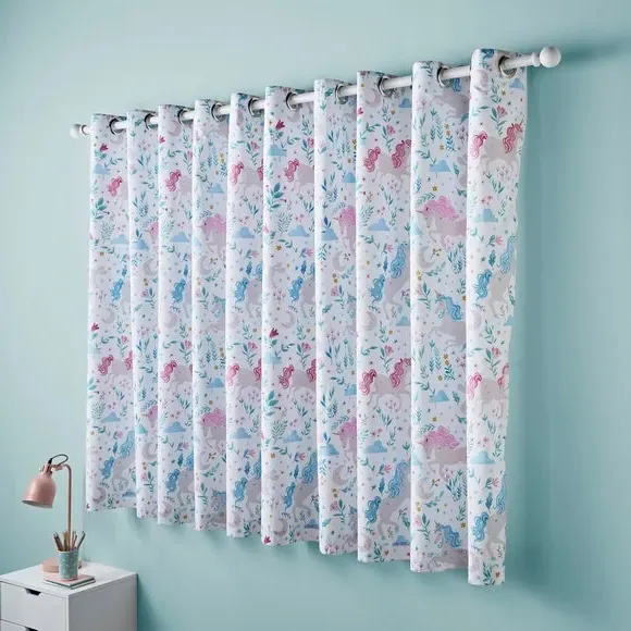 Blackout Eyelet Curtains Unicorn Print - White