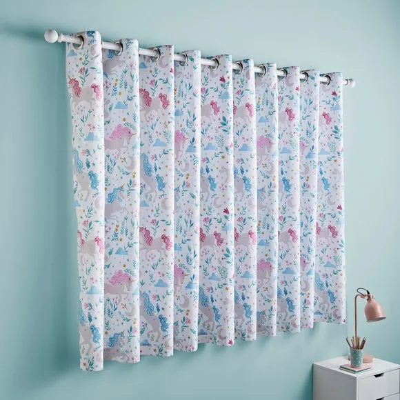 Blackout Eyelet Curtains Unicorn Print - White