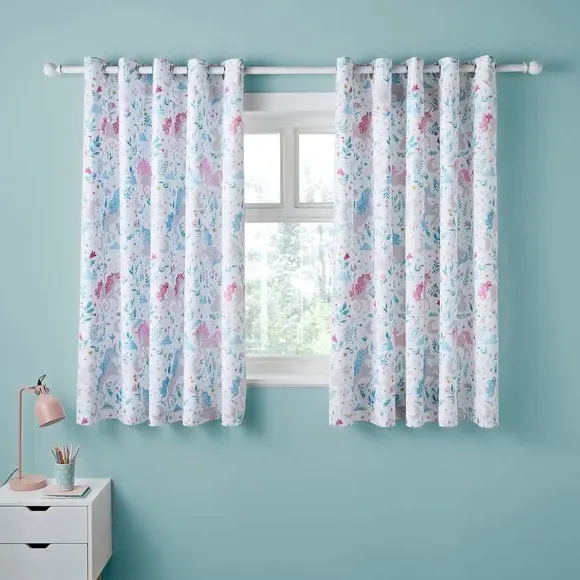 Blackout Eyelet Curtains Unicorn Print - White image