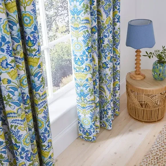 Blackout Eyelet Curtains with Damask - Blue, Polycotton