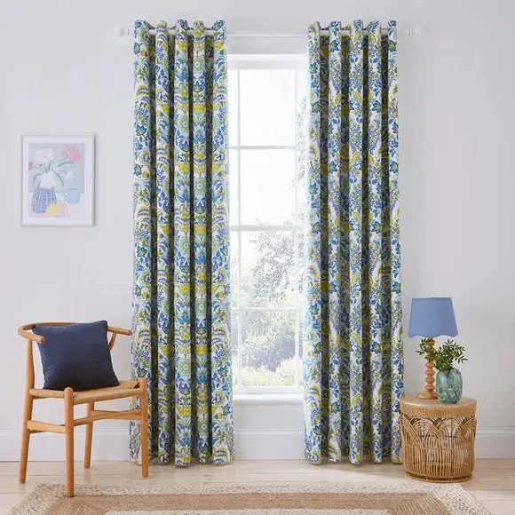 Blackout Eyelet Curtains with Damask - Blue, Polycotton image