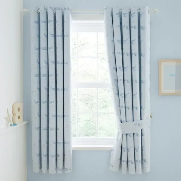 Blackout Eyelet Curtains with Whales - Blue, Cotton image