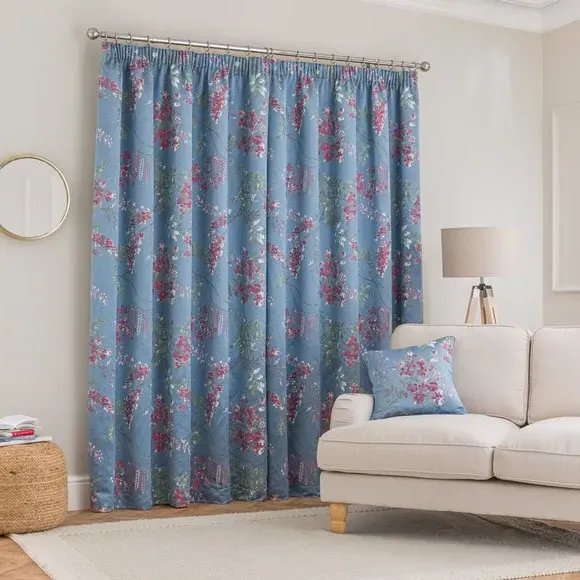 Blackout Pencil Pleat Curtain - Blue, Jacquard