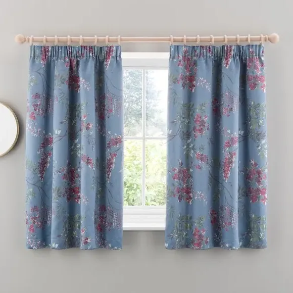 Blackout Pencil Pleat Curtain - Blue, Jacquard