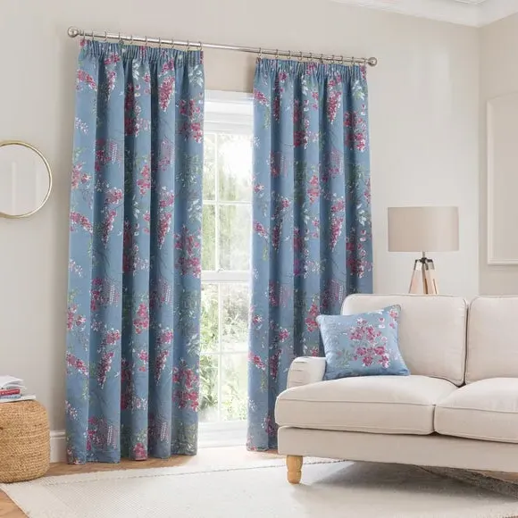 Blackout Pencil Pleat Curtain - Blue, Jacquard