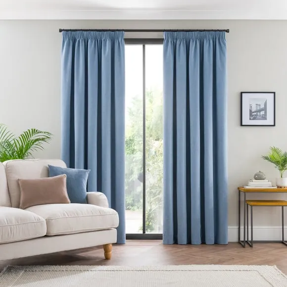 Blackout Pencil Pleat Curtains - Ashley Blue, Polyester
