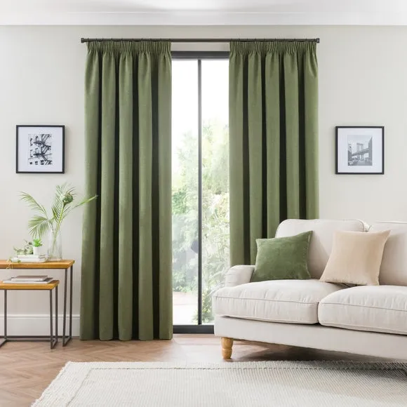 Blackout Pencil Pleat Curtains - Olive, Polyester