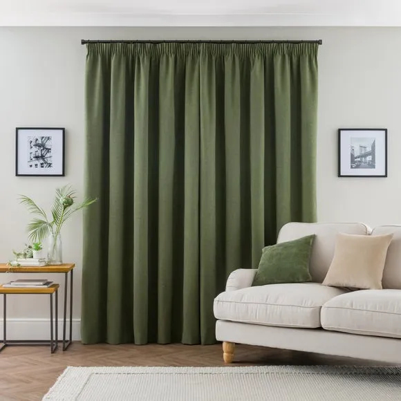 Blackout Pencil Pleat Curtains - Olive, Polyester