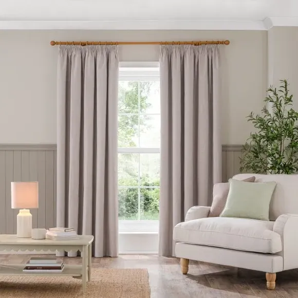 Blackout Pencil Pleat Curtains - Pebble, Brushed