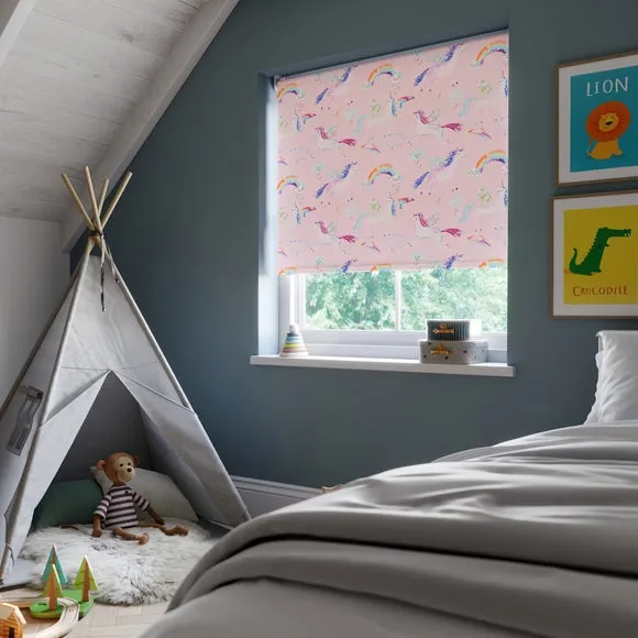 Blackout Roller Blind Unicorn Print - Pink image