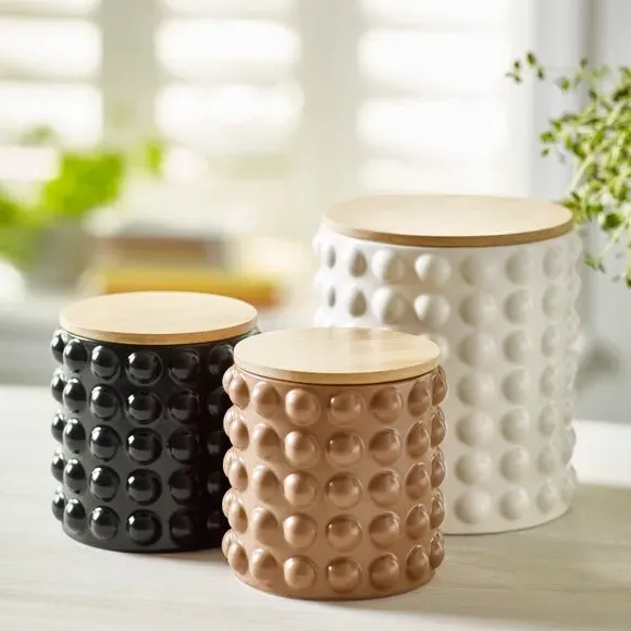 Bobble Canister with Wooden Lid - Nutmeg, Stoneware