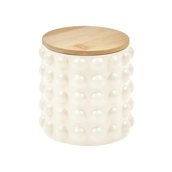 Bobble Canister with Wooden Lid - Stone, Stoneware