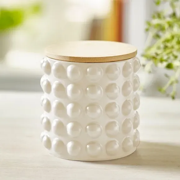 Bobble Canister with Wooden Lid - Stone, Stoneware