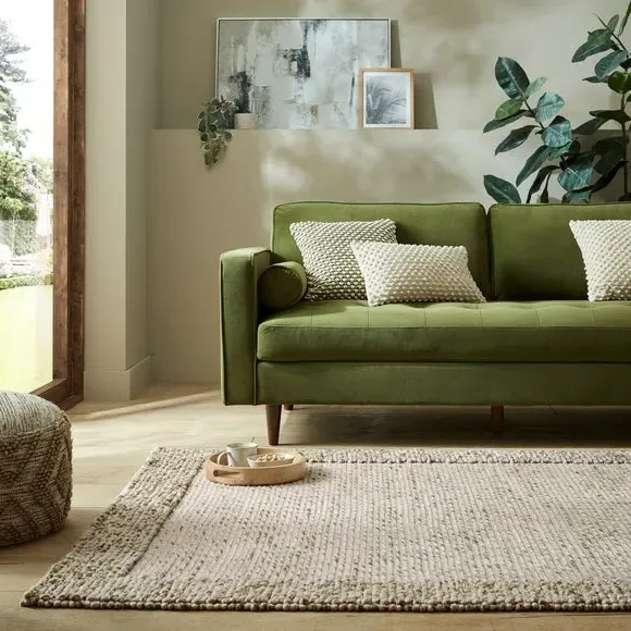 Border Rug with Bobbled Effect - Olive, Wool
