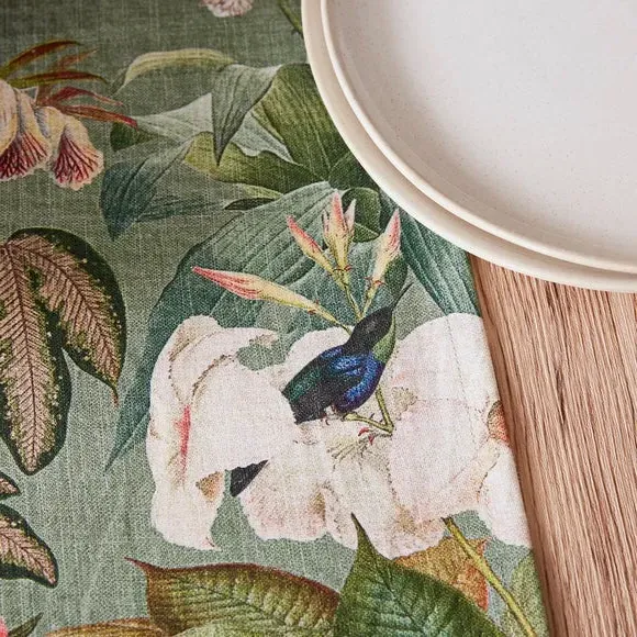 Botanical Bird Table Runner - Green, Cotton