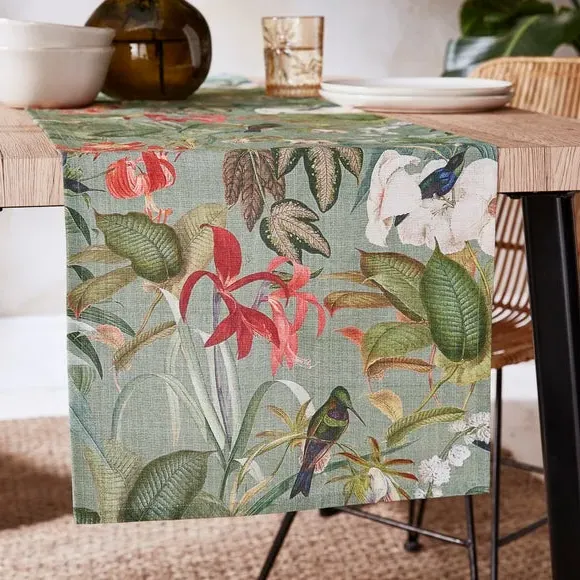 Botanical Bird Table Runner - Green, Cotton