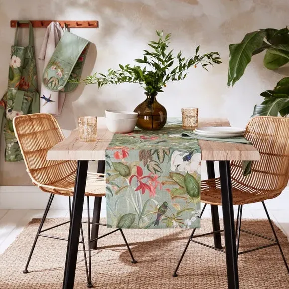 Botanical Bird Table Runner - Green, Cotton image