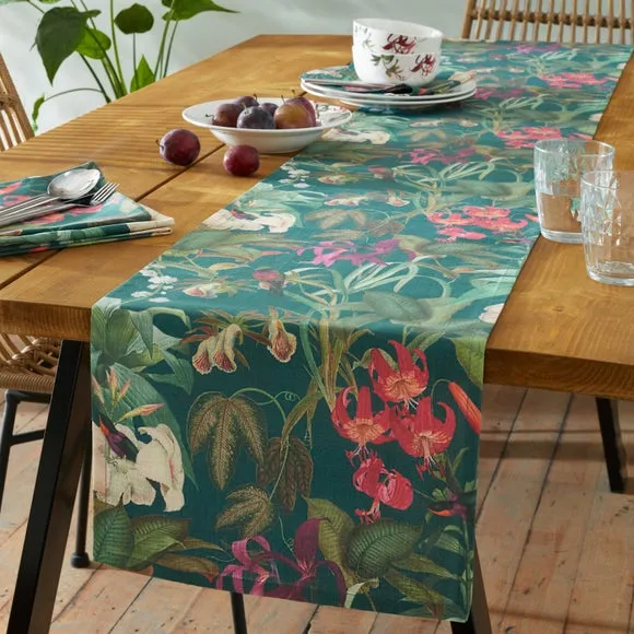 Botanical Bird Table Runner - Teal, Cotton