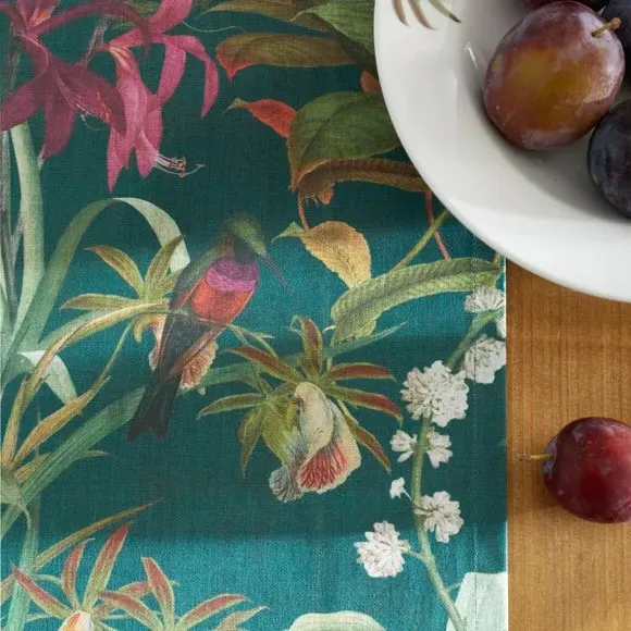 Botanical Bird Table Runner - Teal, Cotton