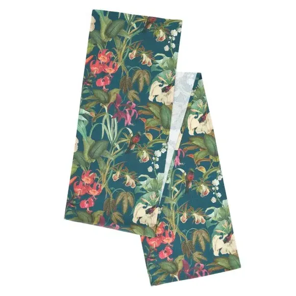 Botanical Bird Table Runner - Teal, Cotton
