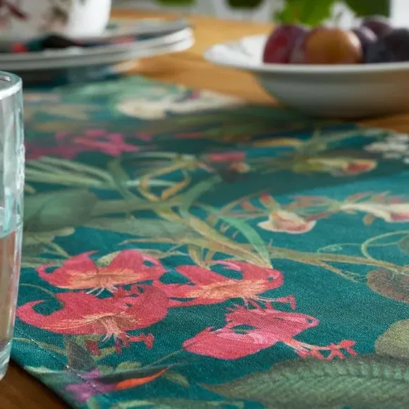 Botanical Bird Table Runner - Teal, Cotton