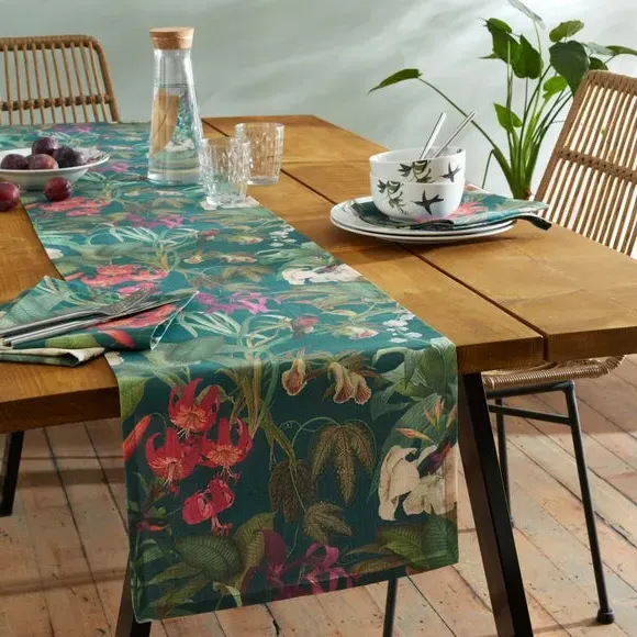 Botanical Bird Table Runner - Teal, Cotton