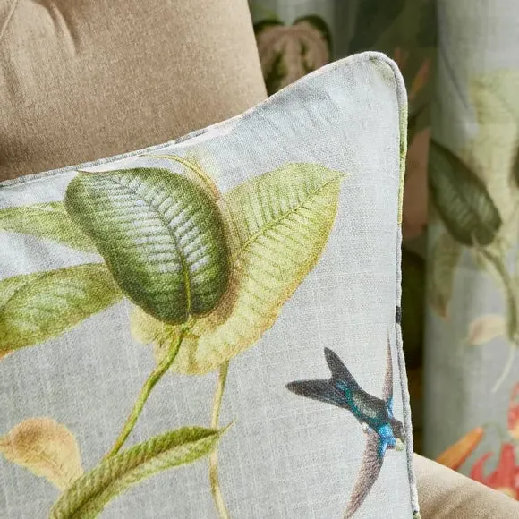 Botanical Cushion with Bird Design - Green, Cotton