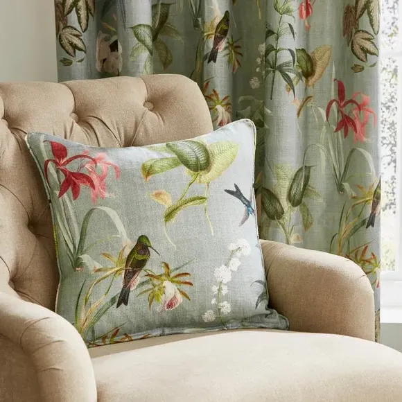 Botanical Cushion with Bird Design - Green, Cotton