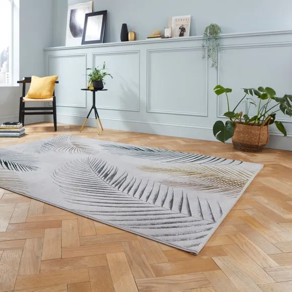 Botanical Leaf Rug with Metallic Effect - Grey